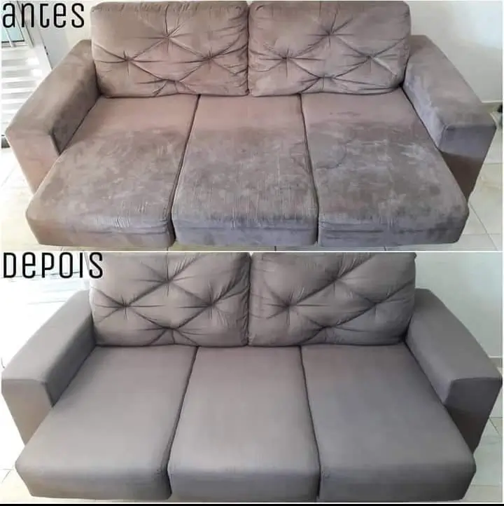 Antes e depois de sofá cinza